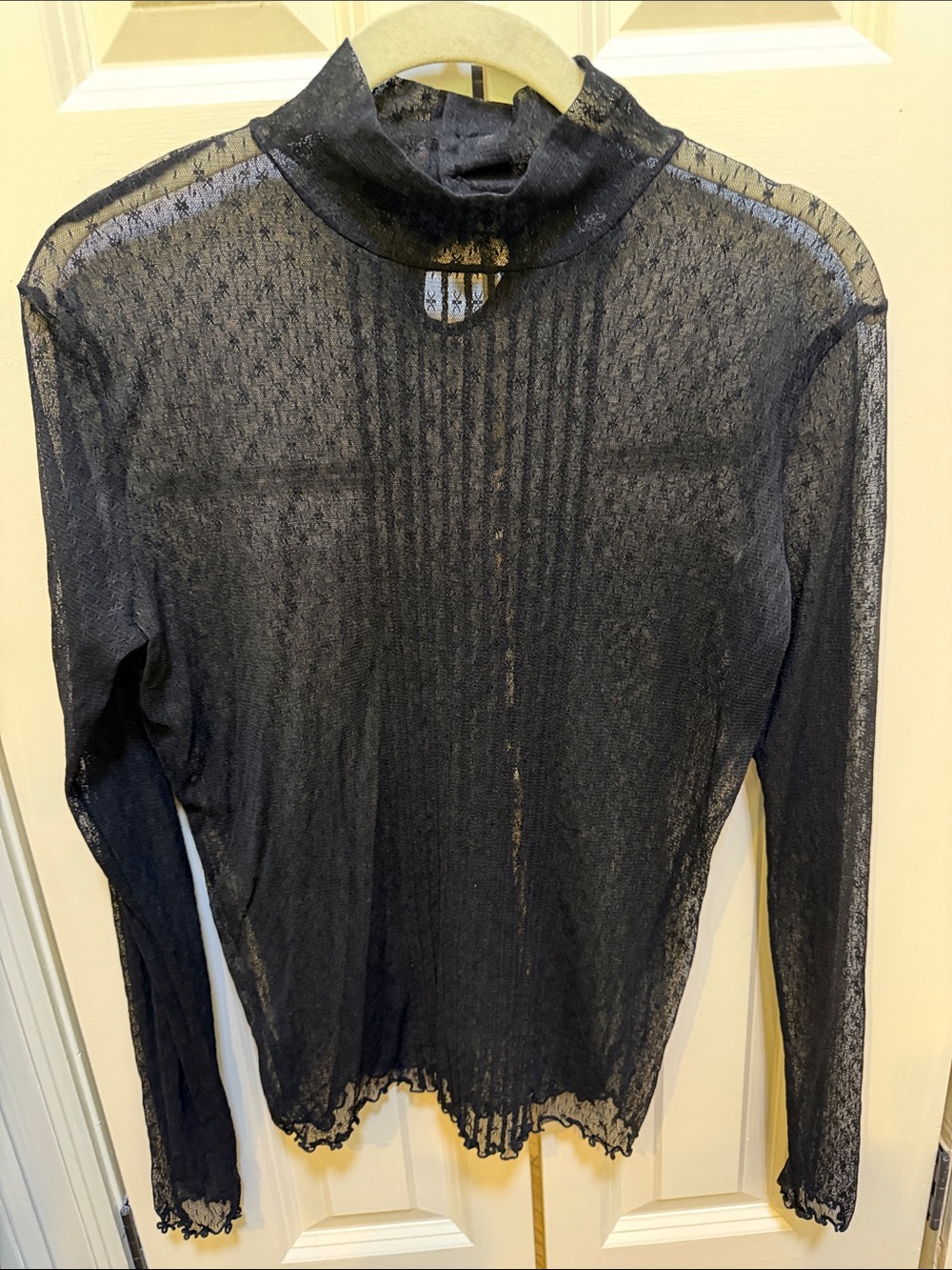 Sheer Black Lace Long-Sleeve Mock Neck Top